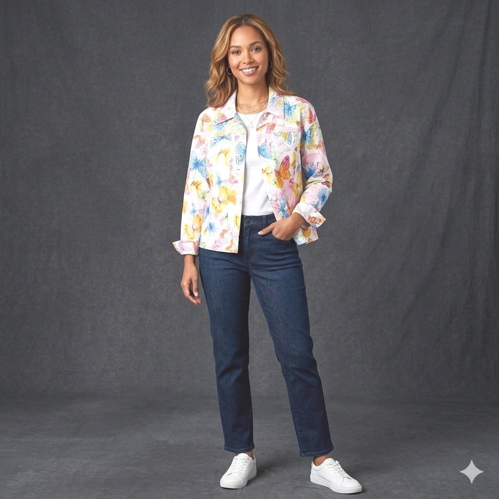 Alfred Dunner Womens Size 6P Petite Butterfly Eyelet Jacket Button Up Floral Art - Picture 1 of 12